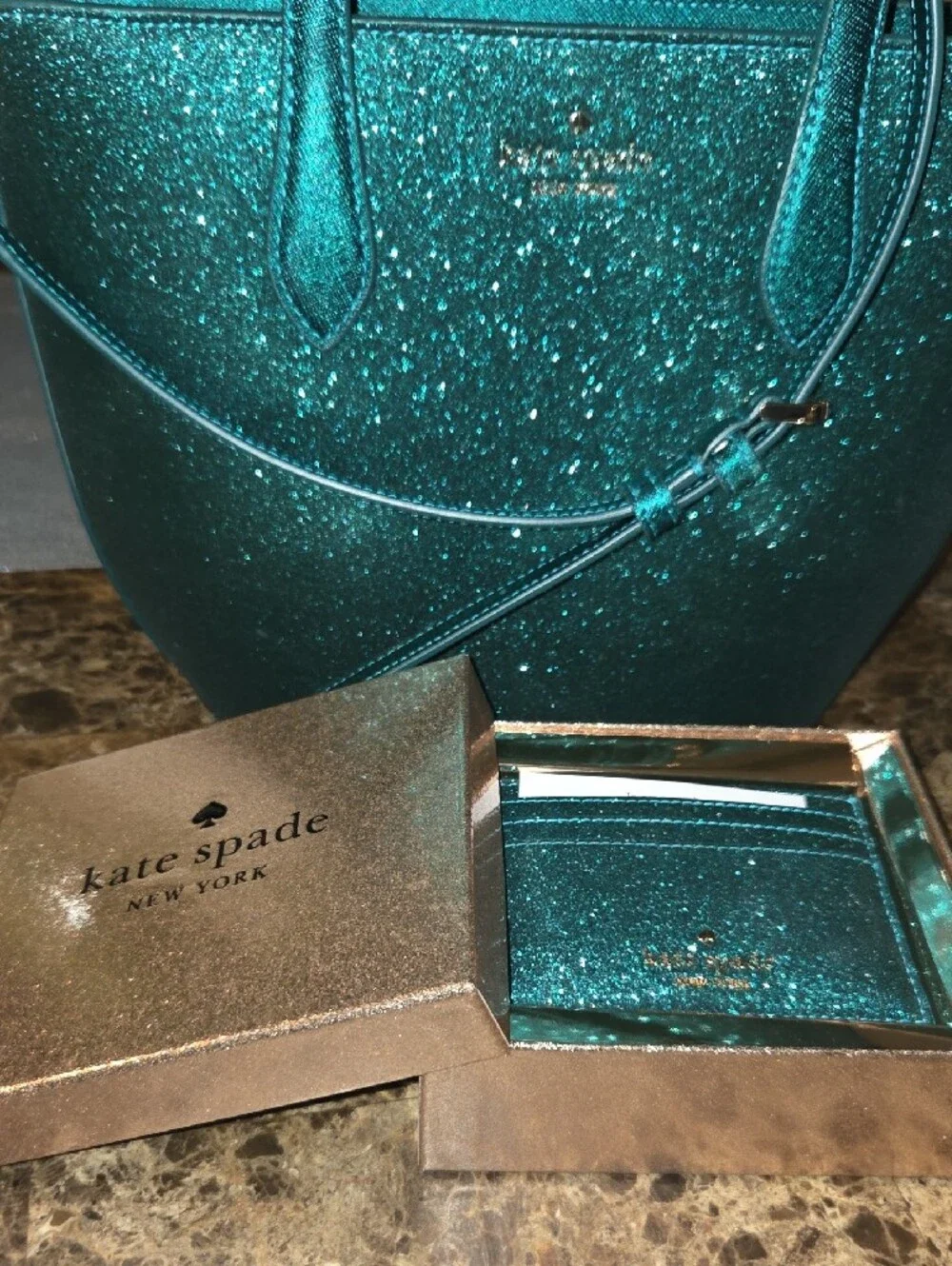 Kate Spade Teal Glitter Satchel with Matching Cardholder Set
